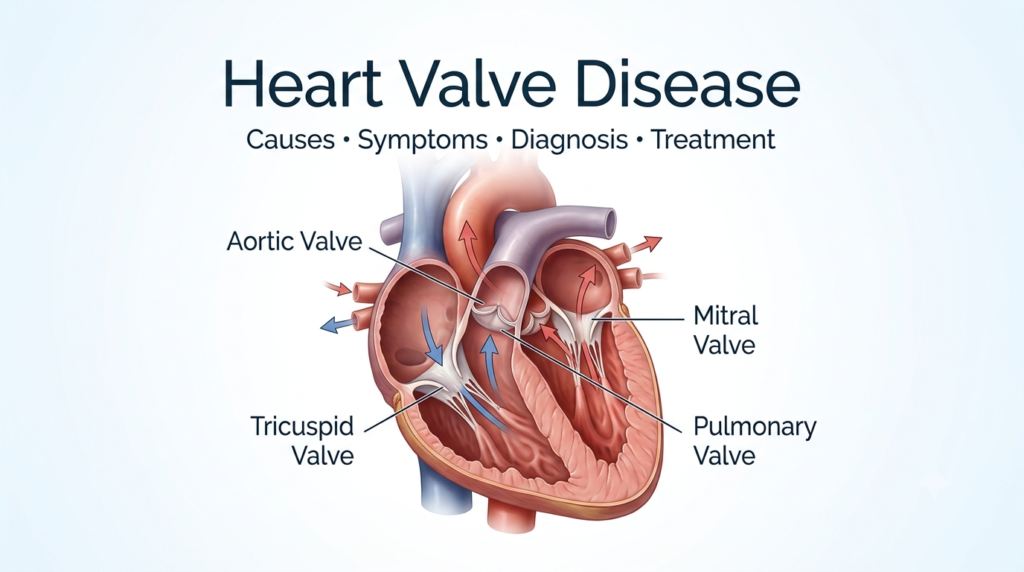 Understanding Heart Valve Disease: Causes, Symptoms, Diagnosis & Treatment Heart Valve Disease illustration showing the four heart valves and blood flow